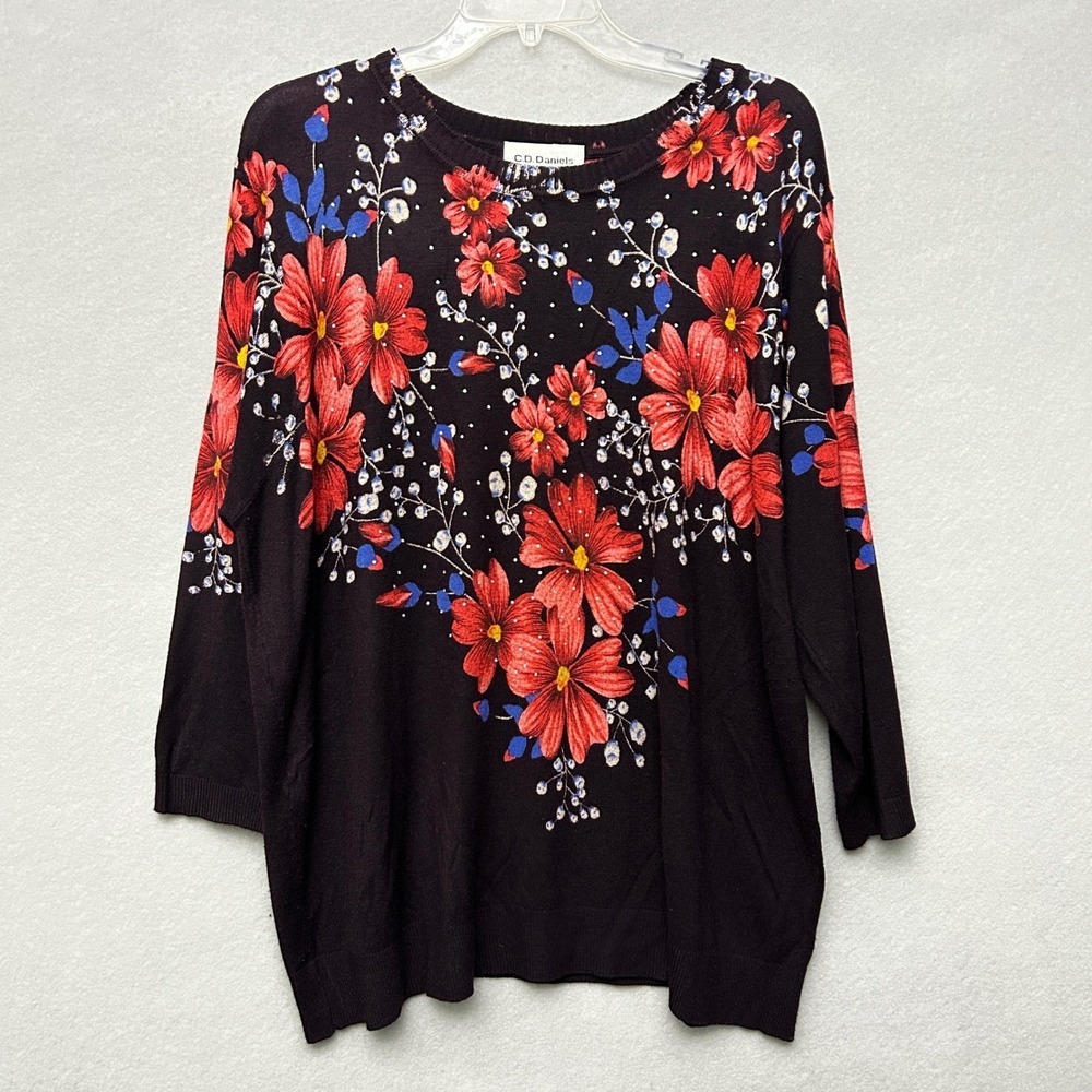 VTG C.D. Daniels Sweater Women's 2X Purple Floral Rhinestones Party Going Out